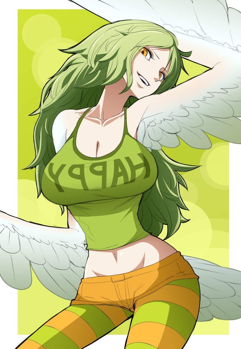 Green Hair Girl Tits - Toon sex pic ##0001301412565 breasts cleavage green hair harpy highres  large breasts long hair midriff monet (one piece) monster girl one piece  smirk solo wings yellow eyes | One Piece Hentai