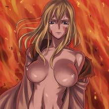 Toon sex pic ##000130162970 female blonde hair breasts fire flame huge breasts milf mosha nico olvia one piece open clothes open shirt orange background shirt solo