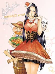 Toon sex pic ##00013061757 black hair blush boa hancock breasts butterfly christmas cleavage dress earrings eating food hat jewelry large breasts long hair meat monkey d luffy one piece santa hat santa suit straw hat