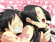 Toon sex pic ##00013061748 black hair blush boa hancock earrings heart heart highres jewelry long hair monkey d luffy one piece open mouth sexually suggestive smile sss3
