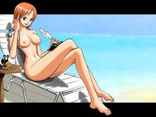 Toon sex pic ##000130180240 barefoot breasts color day female female only hair highres human nami nipples nude one piece orange hair outdoors short hair sitting solo wallpaper writing