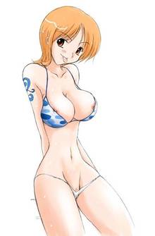 Toon sex pic ##000130177718 :p bikini blush breasts cameltoe cleavage clothes color female female only front view hair human looking at viewer nami nipple slip nipples one piece orange hair pubic hair pussy solo swimsuit tattoo tongue