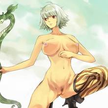 Toon sex pic ##000130163284 boots bow (weapon) breasts kneeling marguerite mosha nude one piece photoshop pubic hair pussy red eyess short hair silver hair uncensored weapon