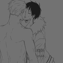 Toon sex pic ##0001301433015 1:1 2boys age difference cosplay costume switch duo gay jacket kissing male male only monkey d. luffy monkey d luffy monochrome multiple boys one piece pixiv manga sample scar smoker topless yaoi