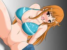 Toon sex pic ##0001301266154 bikini top blush bottomless breasts brown eyes censored cleavage denim earrings eyes female hige masamune huge breasts jeans jewelry long hair midriff mosaic censoring mouth nami navel one piece open mouth orange hair pussy sitting solo spread legs