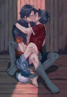 Toon sex pic ##0001301247764 anal barefeet black hair bottomless gay kissing kissing male male only monkey d. luffy monkey d luffy multiple boys one piece pants around one leg portgas d. ace portgas d ace sitting t-shirt yaoi