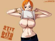 Toon sex pic ##0001301554506 2014 belt bracelet breasts brown eyes clenched teeth female flashing kyhin large breasts looking at viewer nami navel nipples no bra one piece orange hair shirt lift short hair simple background smile solo standing tattoo