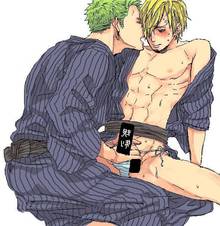 Toon sex pic ##0001301170573 alternate costume blonde hair blush censored earrings gay green hair hair over one eye handjob japanese clothes jewelry male multiple boys nipples one piece open clothes penis roronoa zoro sanji spread legs yaoi yuu (1969loy)