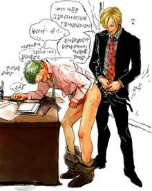 Toon sex pic ##0001301169634 2boys bent over blonde hair desk gay green hair hair over one eye male male only multiple boys necktie one piece penis roronoa zoro sanji undressing yaoi