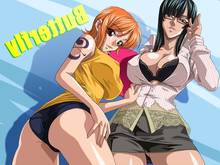 Toon sex pic ##0001301547118 2girls adjusting glasses ass black hair bra breasts clothes color female female only glasses human kagami long hair multiple females nami nico robin one piece orange hair tagme tattoo