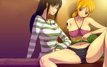 Toon sex pic ##0001301351945 2girls black hair brown eyess female female only glasses midriff nami nico robin one piece one piece: strong world orange hair shorts striped shirt sweater