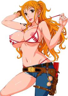 Toon sex pic ##0001301007056 female :p arm behind head asymmetrical clothes bikini bracelet breasts brown eyess cutoffs earrings hanzaki jirou holster jeans jewelry large breasts log pose long hair nami navel nipples one piece orange hair panties simple background solo swimsuit thong tongue underwear undressing white background