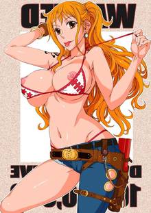 Toon sex pic ##0001301007055 female :p arm behind head asymmetrical clothes bikini bracelet breasts brown eyess cutoffs earrings hanzaki jirou holster jeans jewelry large breasts log pose long hair nami navel nipples one piece orange hair panties solo swimsuit thong tongue underwear undressing wanted