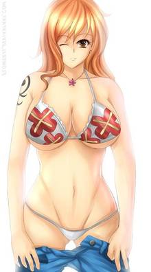 Toon sex pic ##0001301533555 bikini brown eyes clothes color female female only flowerxl front view human nami one piece orange hair short shorts solo standing undressing wink