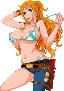 Toon sex pic ##000130989552 1girl :p arm behind head asymmetrical clothes bikini bracelet breasts brown eyes cutoffs earrings female hanzaki jirou holster jeans jewelry large breasts log pose long hair nami navel nipples one piece orange hair panties ponytail simple background solo swimsuit thong tongue underwear undressing white background