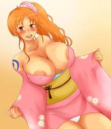Toon sex pic ##0001301478051 breasts brown eyes clothes color female female only front view human japanese clothes kimono long hair nami one piece orange hair solo tattoo