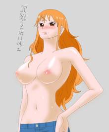Toon sex pic ##0001301242789 bentham blush bon clay breasts earrings eyelashes jeans jewelry large breasts long hair nami navel nipples nude one piece orange eyes orange hair pants simple background solo transformation