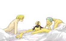 Toon sex pic ##000130505549 3boys approximated aspect ratio bed sheet black hair blonde hair gay green hair male male only multiple boys nude one piece roronoa zoro sanji sheets sleeping usopp yaoi