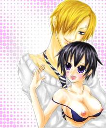 Toon sex pic ##000130438530 beige skin black hair blonde hair blue eyes blush bra breasts closed mouth clothes color female front view hair human male monkey d luffy necktie nipples one piece open eyes open mouth purple eyes round ears rule 63 sanji short hair smile