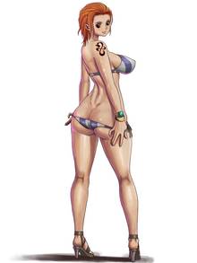 Toon sex pic ##000130431055 bikini blush bracelet breasts butt crack forehead from behind high heels highres jewelry knee pit kneepits large breasts log pose nami oil one piece orange hair shiny shiny skin shoes side-tie bikini simple background solo sueyuu swimsuit tattoo thighs