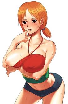 Toon sex pic ##000130424974 breast slip breasts halter top halterneck huge breasts midriff momo moto nami nipples one breast out one piece one piece: strong world orange hair red eyess short hair short shorts short twintails shorts simple background strong world sweat tattoo twintails
