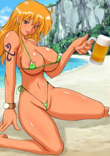 Toon sex pic ##0001301378754 beer breasts clothes color cup day female female only hair holding human kneeling nami one piece orange hair outdoors rai on solo tagme tan skin tattoo