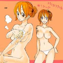 Toon sex pic ##000130359188 biafura breasts color female female only hair human large breasts nami nipples one piece orange hair panties solo tattoo topless translation request underwear washing