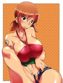 Toon sex pic ##000130930456 blush breast squeeze breasts brown eyess brown hair cleavage denim denim shorts embarrassed halter top halterneck huge breasts hun nami navel one piece one piece: strong world short twintails shorts solo tattoo twintails undressing unzipped