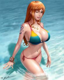 Toon sex pic ##0001301590746 2014 bikini bracelet breasts brown eyes cleavage earrings female iury padilha large breasts long hair looking at viewer nami navel necklace one piece one piece film z orange hair parted lips solo swimsuit tattoo wading water wink