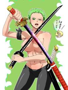 Toon sex pic ##000130447996 armband beige skin breasts clothes color convenient censoring female female only front view green eyes green hair hair holding holding sword one piece open mouth overhand grip pants roronoa zoro round ears rule 63 scar short hair solo sword topless wink