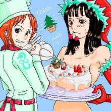 Toon sex pic ##000130427677 blush breast rest breasts carried breast rest chef cherry christmas elbow gloves food fruit gloves grin hat icing large breasts lowres mouth hold nami nico robin nude oekaki one piece orange hair smile sweatdrop toque tray v
